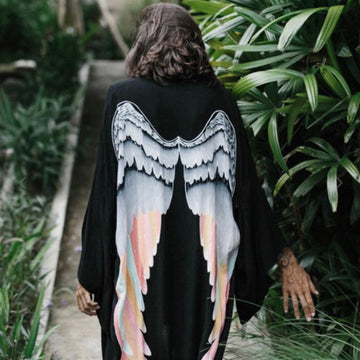 Archangel Angels Wings Kimono - Black with Silver Warrior Wings